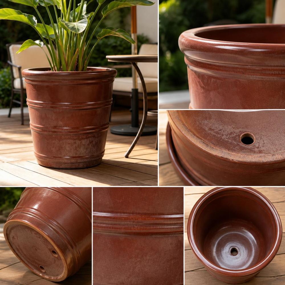 Pot de fleur céramique émaillée rouge brun Ø 32 cm percé