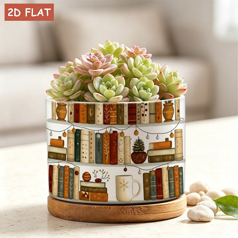 Pot de fleur en céramique motif bibliothèque, soucoupe bambou