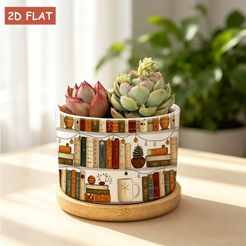 Pot de fleur en céramique motif bibliothèque, soucoupe bambou