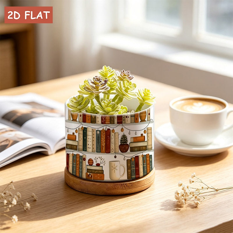 Pot de fleur en céramique motif bibliothèque, soucoupe bambou