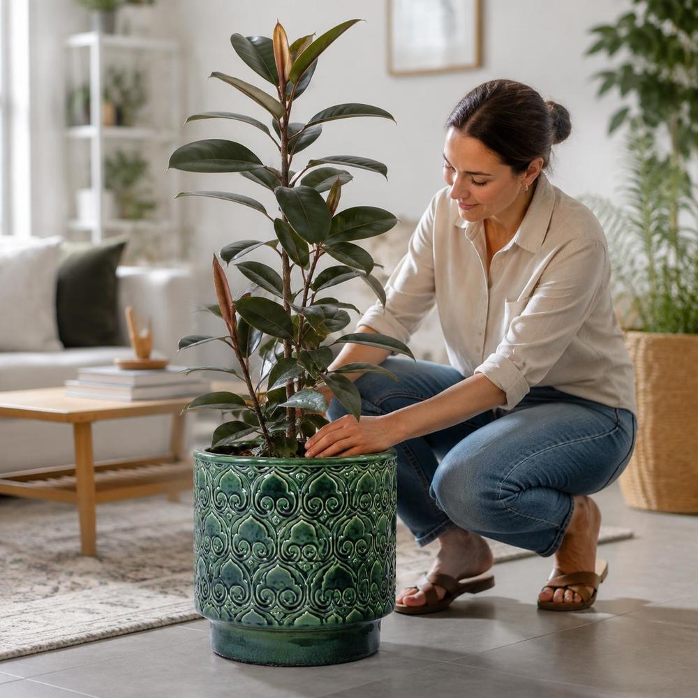 Pot de fleur céramique vert foncé Ø 38 cm, motif en relief
