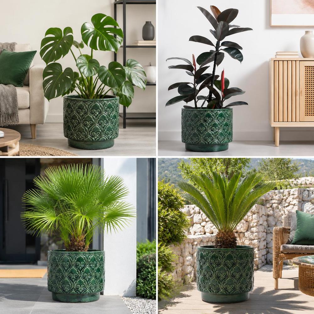 Pot de fleur céramique vert foncé Ø 38 cm, motif en relief