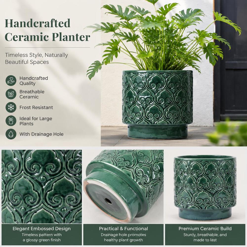 Pot de fleur céramique vert foncé Ø 38 cm, motif en relief