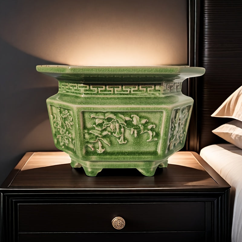 Pot de fleur céramique vert sculpté pour orchidée et bonsaï