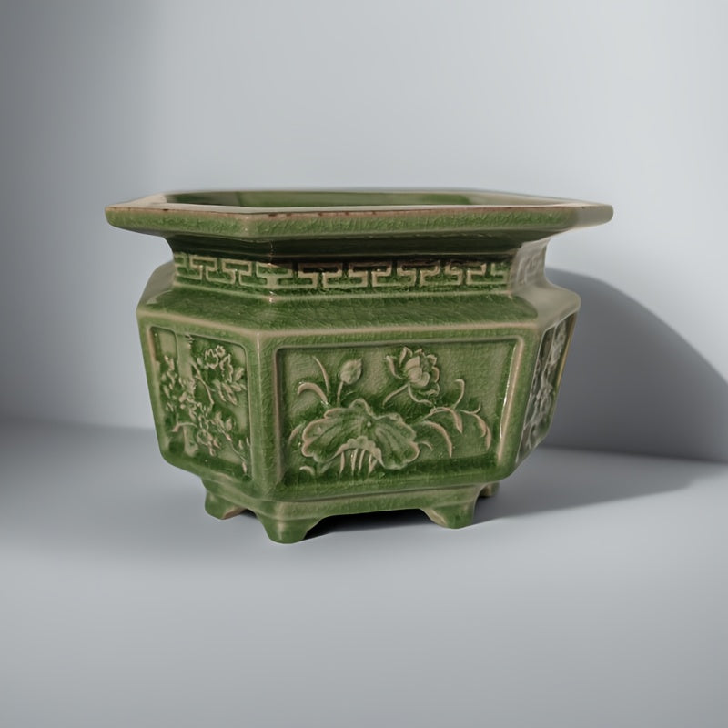Pot de fleur céramique vert sculpté pour orchidée et bonsaï