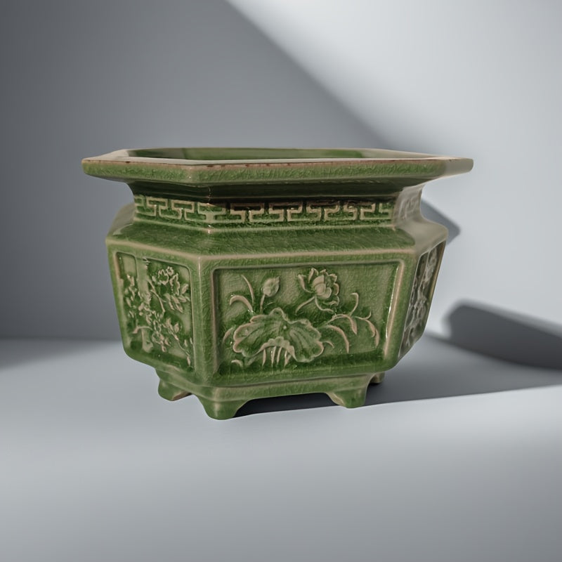 Pot de fleur céramique vert sculpté pour orchidée et bonsaï
