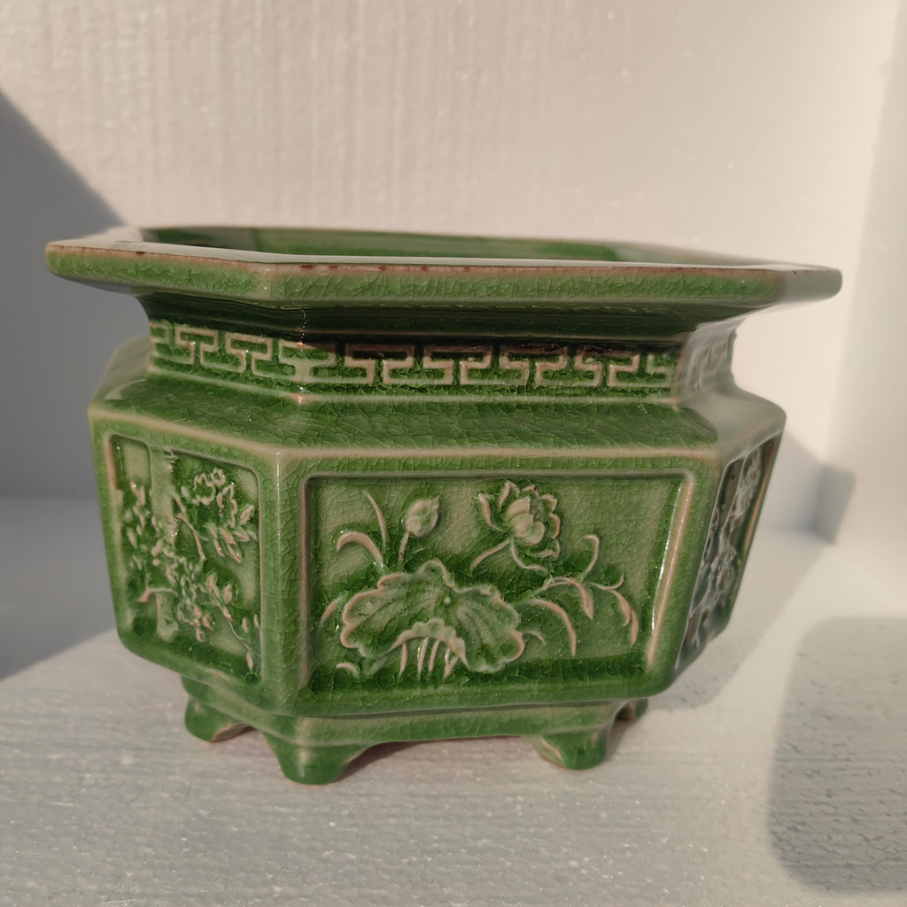 Pot de fleur céramique vert sculpté pour orchidée et bonsaï