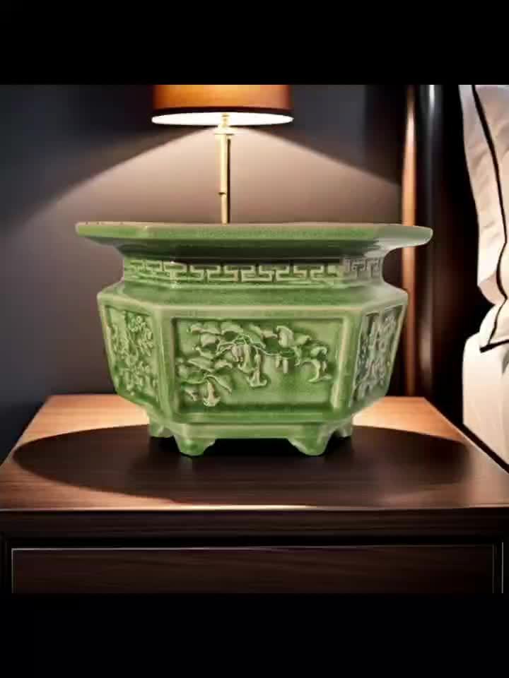 Pot de fleur céramique vert sculpté pour orchidée et bonsaï