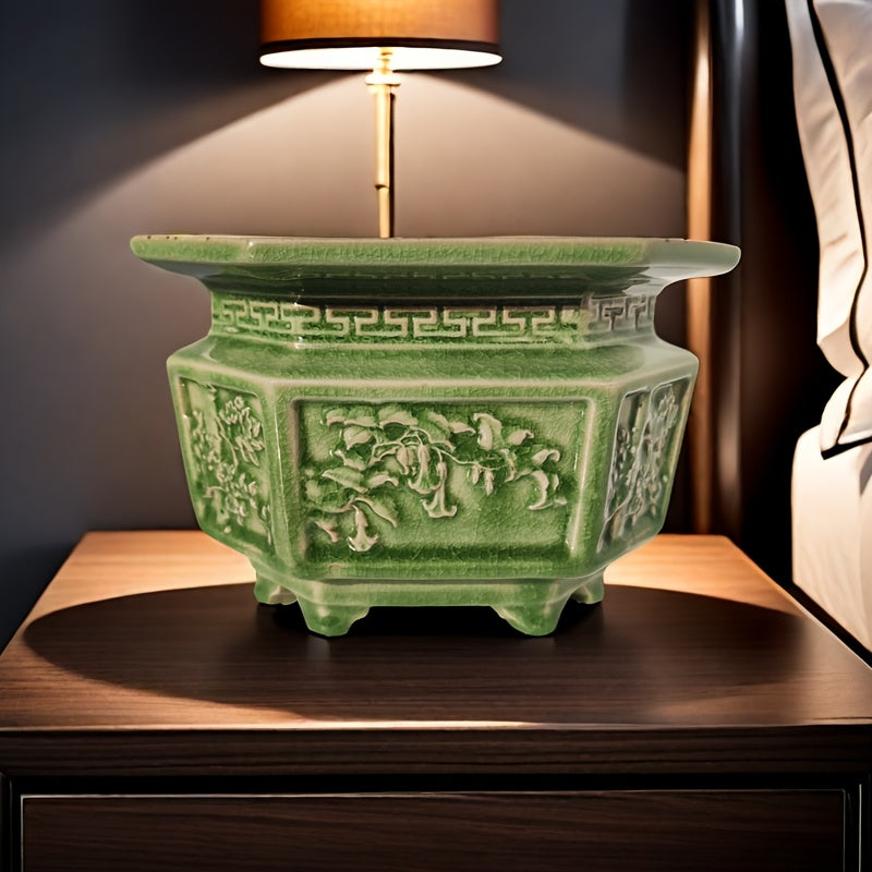 Pot de fleur céramique vert sculpté pour orchidée et bonsaï