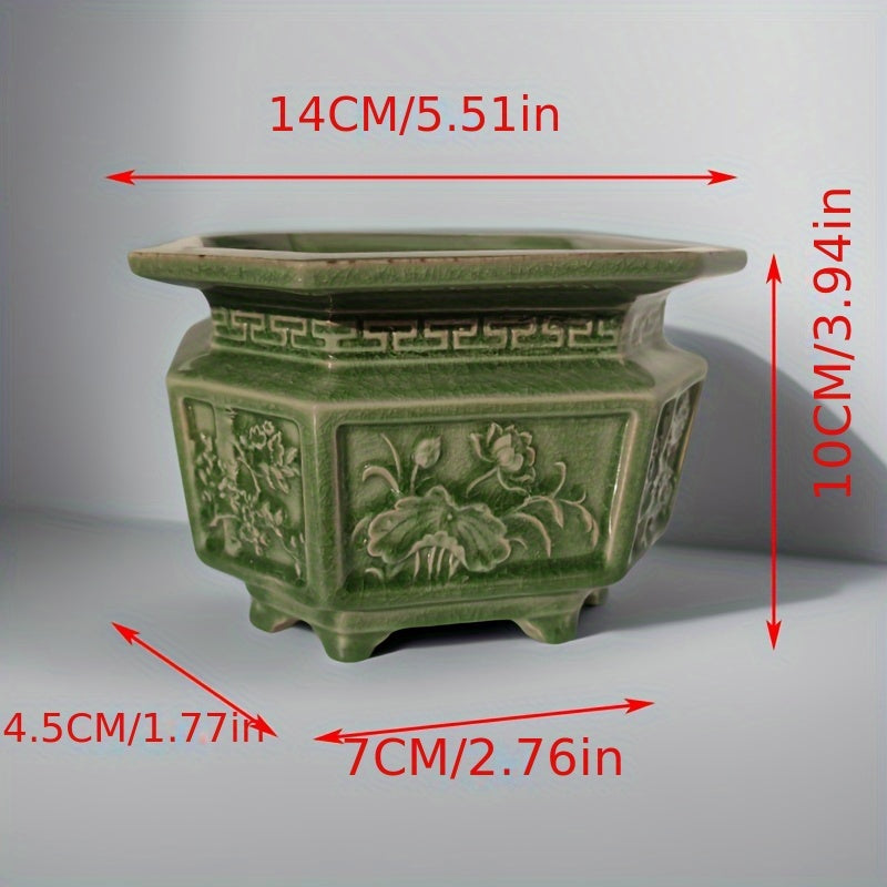 Pot de fleur céramique vert sculpté pour orchidée et bonsaï
