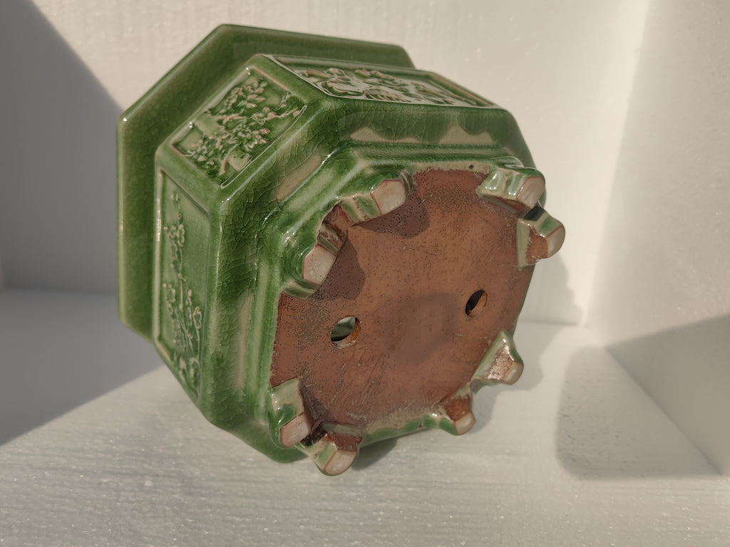 Pot de fleur céramique vert sculpté pour orchidée et bonsaï