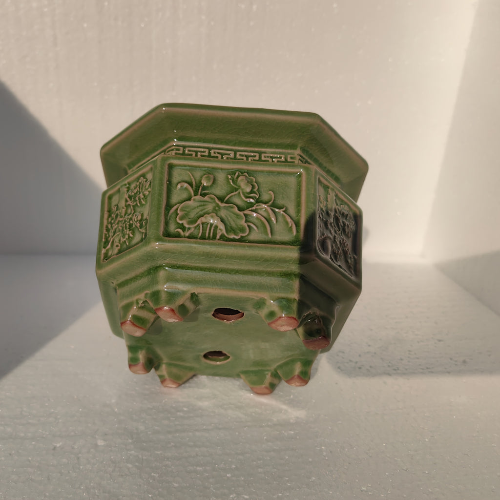 Pot de fleur céramique vert sculpté pour orchidée et bonsaï