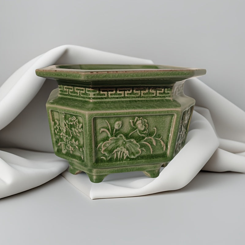 Pot de fleur céramique vert sculpté pour orchidée et bonsaï