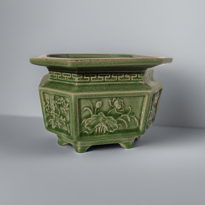 Pot de fleur céramique vert sculpté pour orchidée et bonsaï