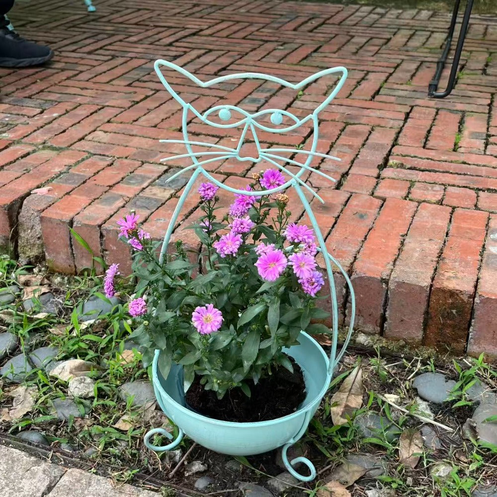 Pot de fleur chat en fer forgé vintage — lot de 2 pièces