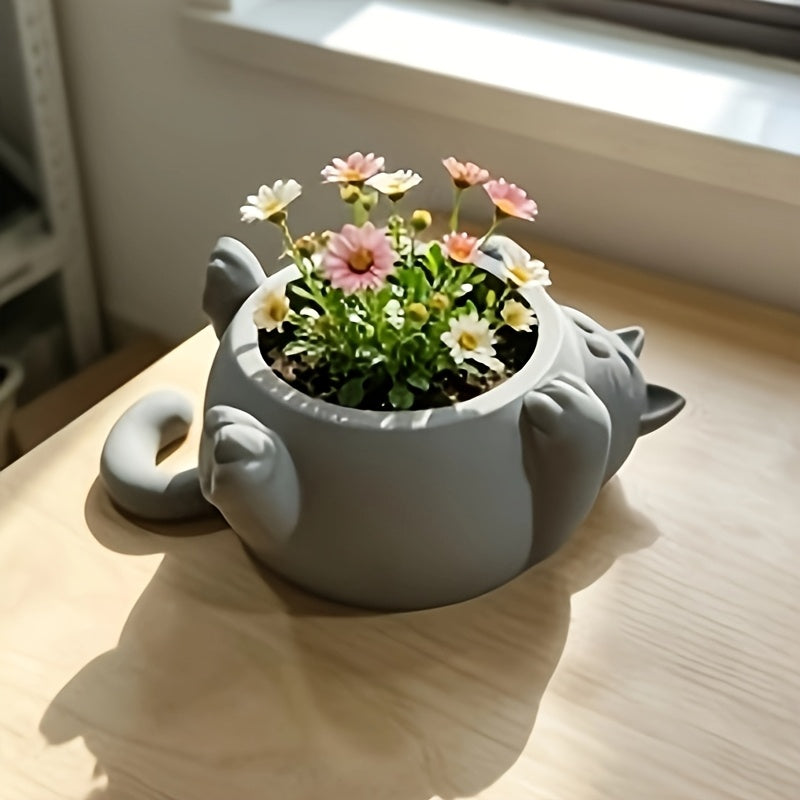 Pot de fleur chat gris 19 cm - déco ludique pour bureau
