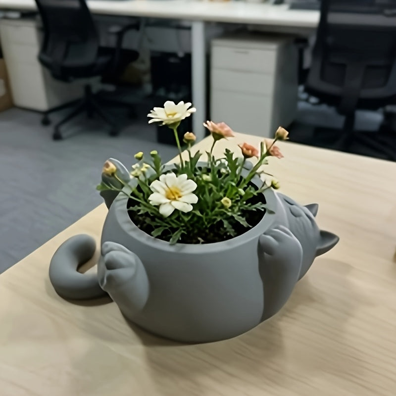 Pot de fleur chat gris 19 cm - déco ludique pour bureau