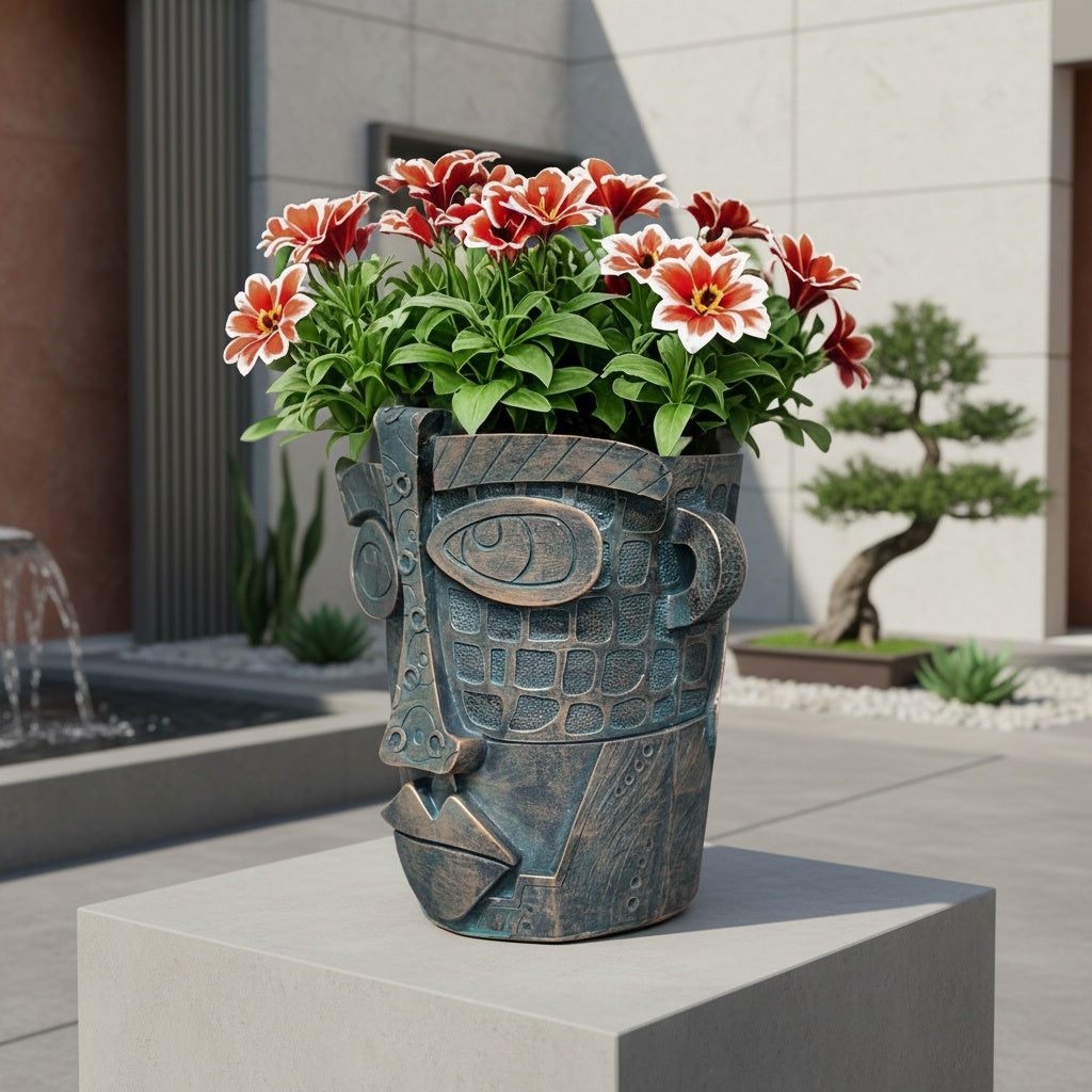 Pot de fleur design visage abstrait en résine effet bronze