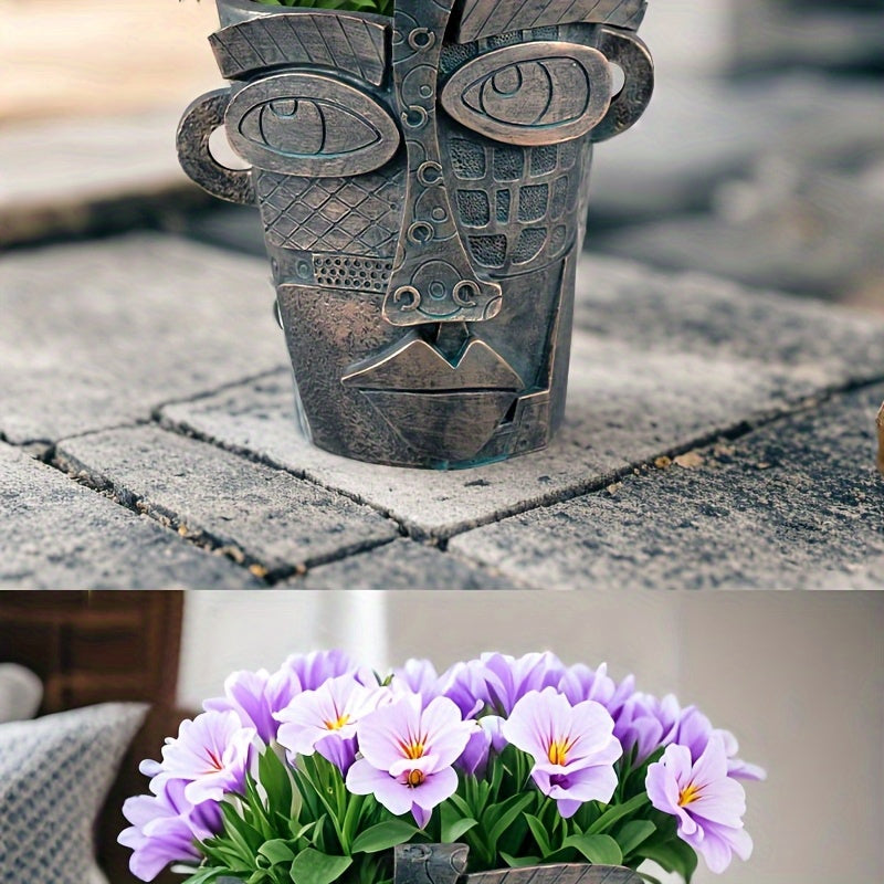 Pot de fleur design visage abstrait en résine effet bronze
