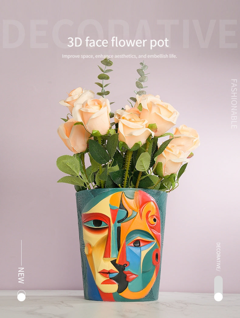Pot de fleur design visage cubiste en résine Ø 17 × H 19 cm