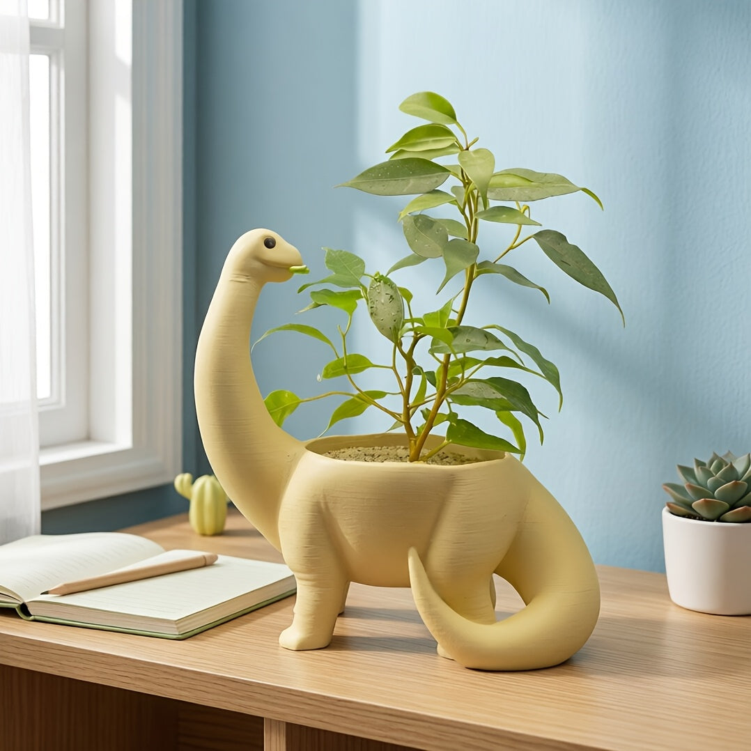 Pot de fleur dinosaure beige 14 cm avec trou de drainage