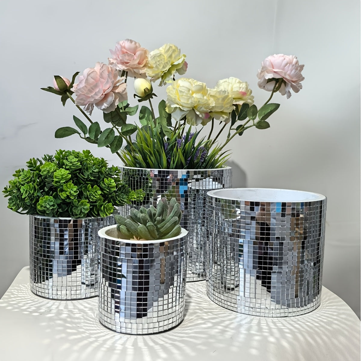 Pot de fleur disco argenté Ø 9 cm à double fond drainant