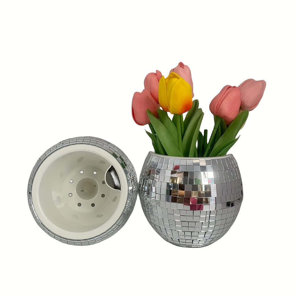 Pot de fleur disco Ø 15 cm à réserve d'eau, effet miroir