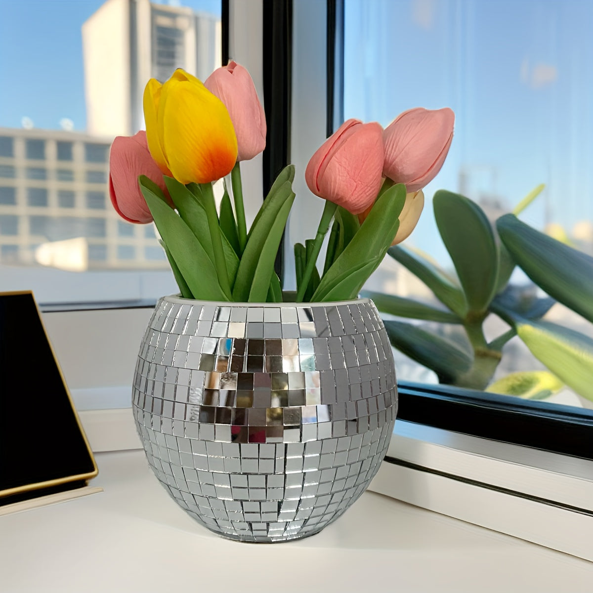 Pot de fleur disco Ø 15 cm à réserve d'eau, effet miroir