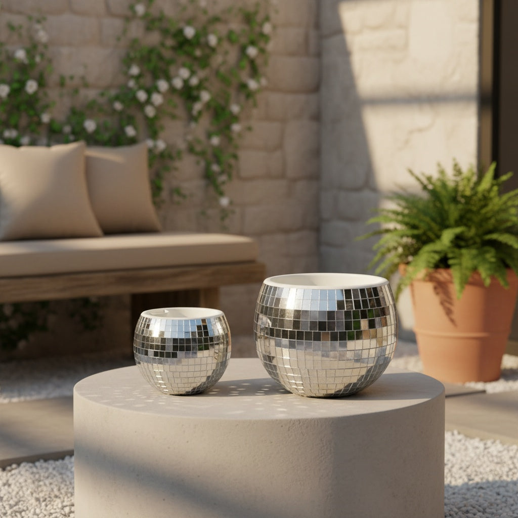 Pot de fleur disco Ø 15 cm à réserve d'eau, effet miroir