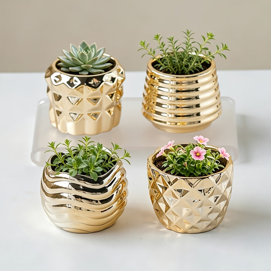 Pot de fleur doré en céramique — lot de 4 mini pots ronds