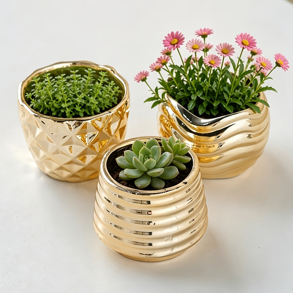 Pot de fleur doré en céramique — lot de 4 mini pots ronds