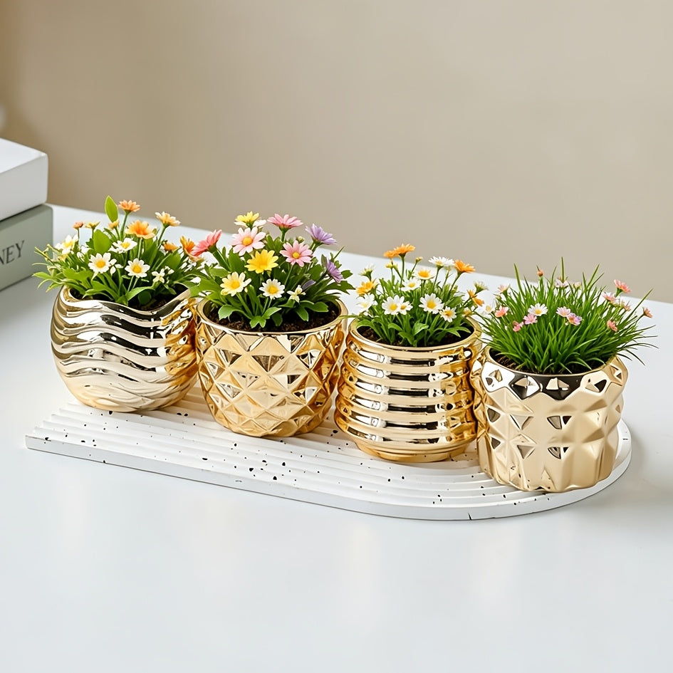 Pot de fleur doré en céramique — lot de 4 mini pots ronds