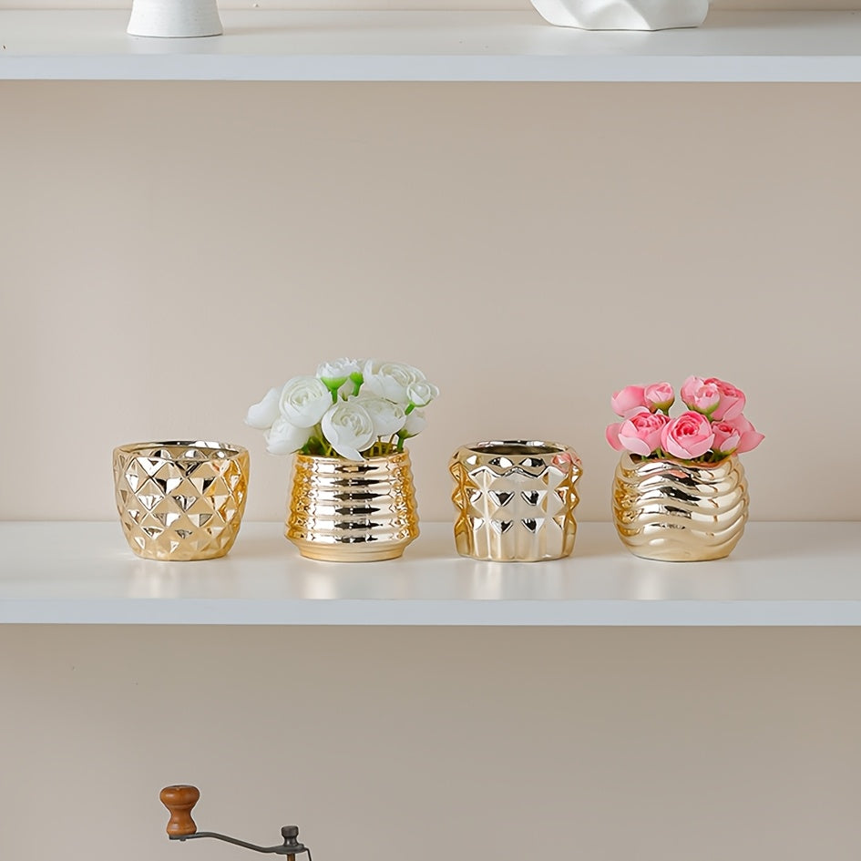 Pot de fleur doré en céramique — lot de 4 mini pots ronds