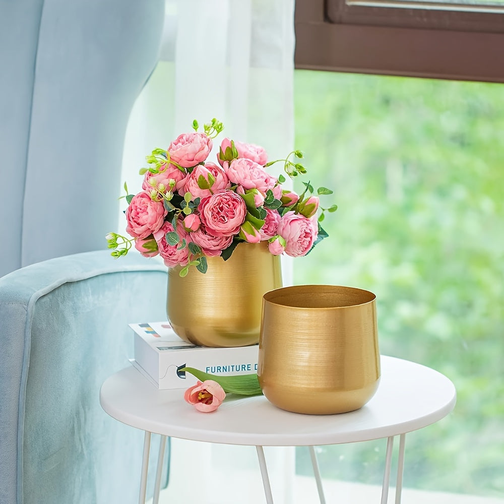Pot de fleur doré en métal Ø 16 cm avec trou de drainage