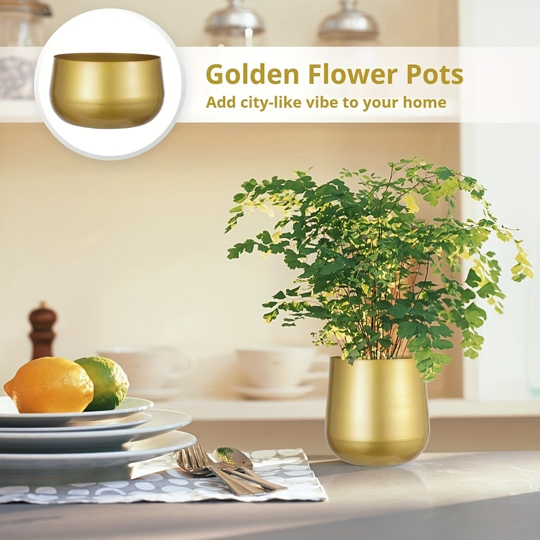 Pot de fleur doré en métal — lot de 2 avec trou de drainage