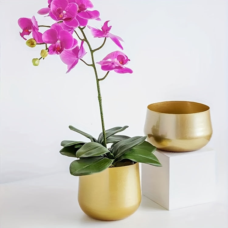 Pot de fleur doré en métal — lot de 2 avec trou de drainage
