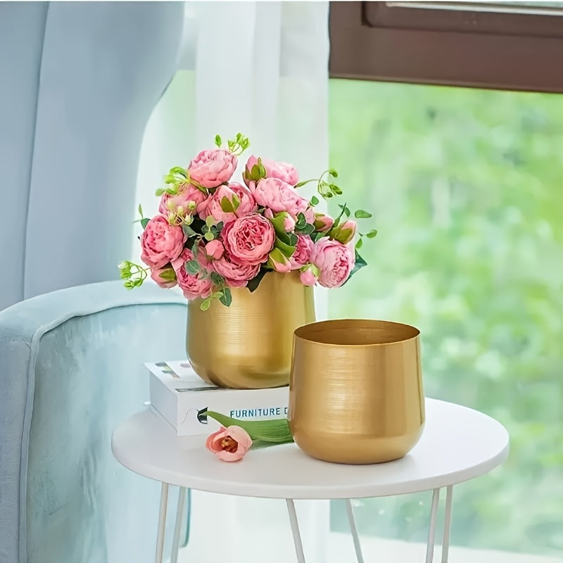 Pot de fleur doré en métal — lot de 2 avec trou de drainage