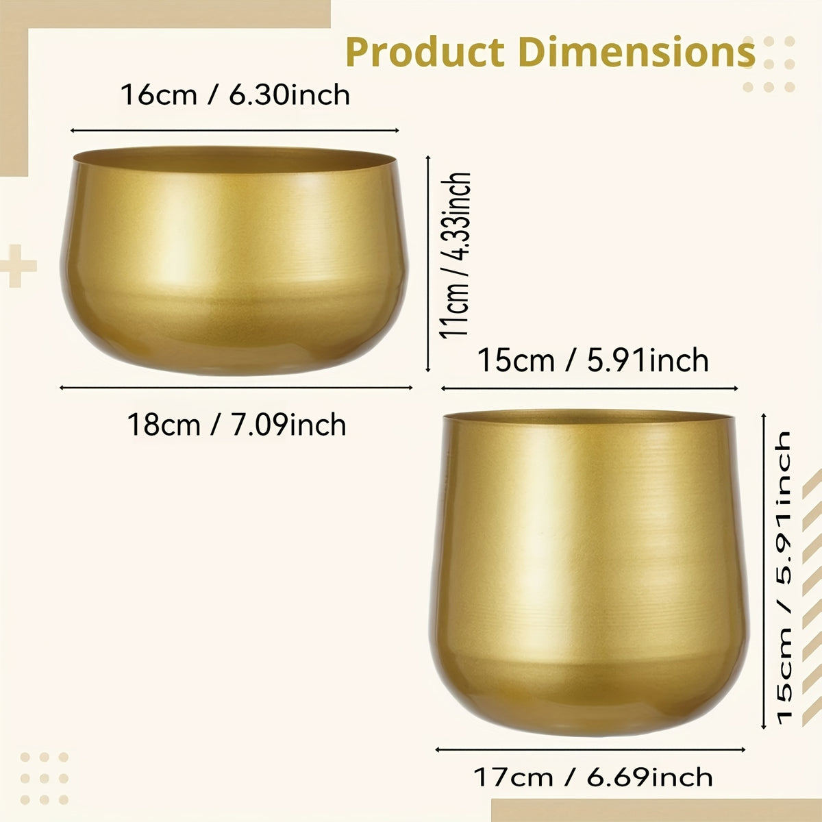 Pot de fleur doré en métal — lot de 2 avec trou de drainage