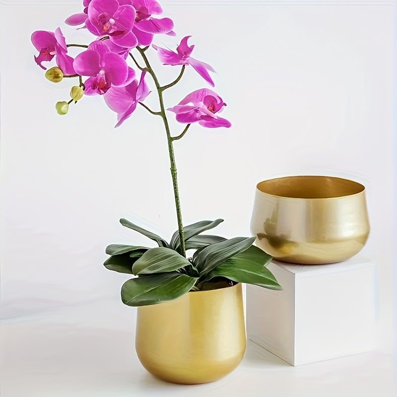 Pot de fleur doré en métal — lot de 2 avec trou de drainage