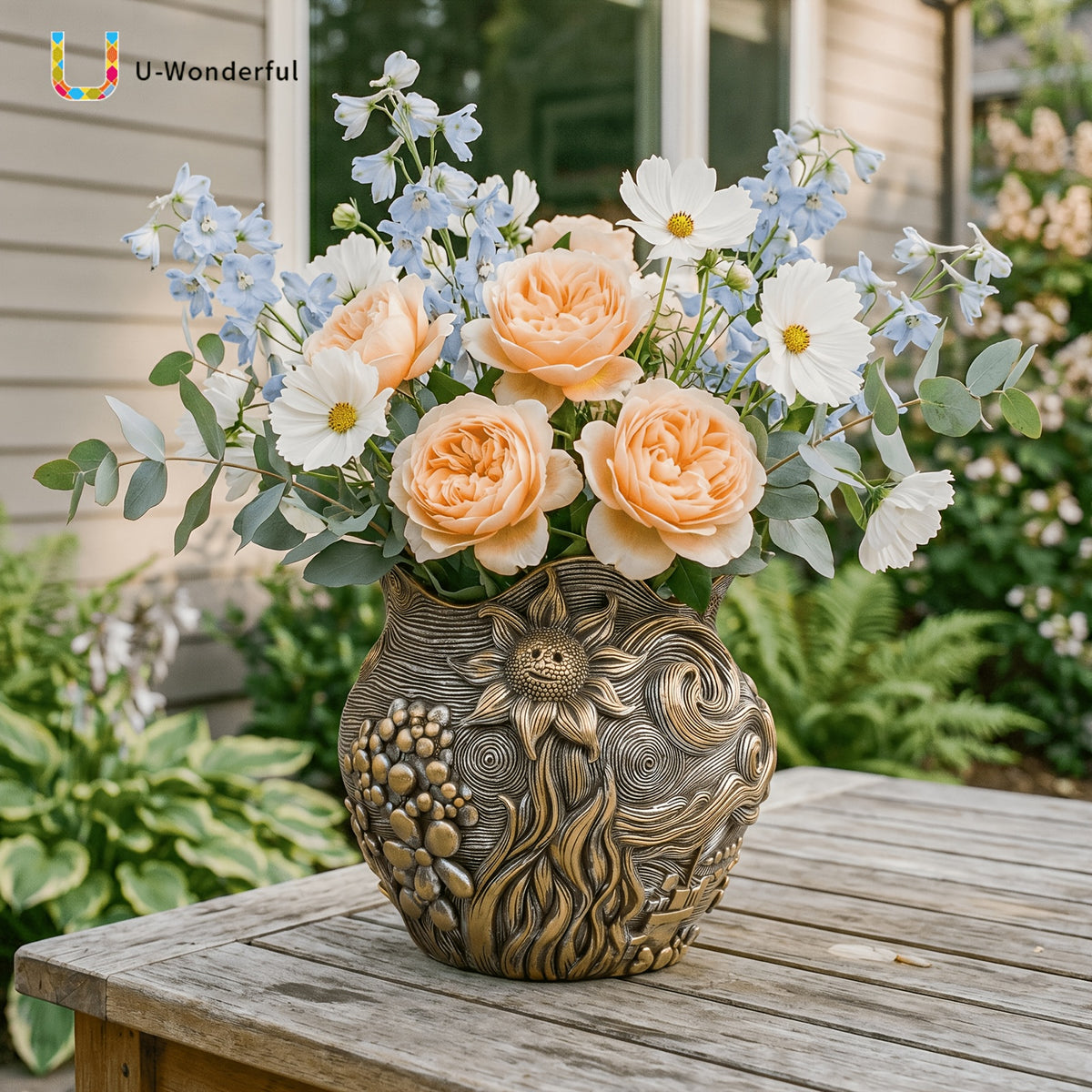 Pot de fleur doré en résine au motif ciel étoilé sculpté
