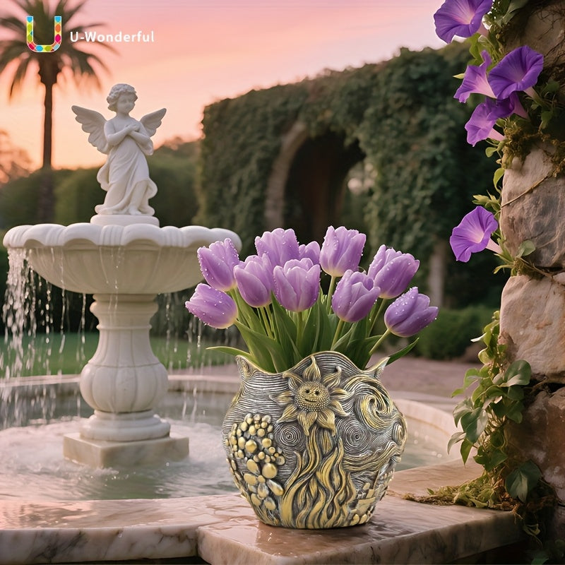 Pot de fleur doré en résine au motif ciel étoilé sculpté