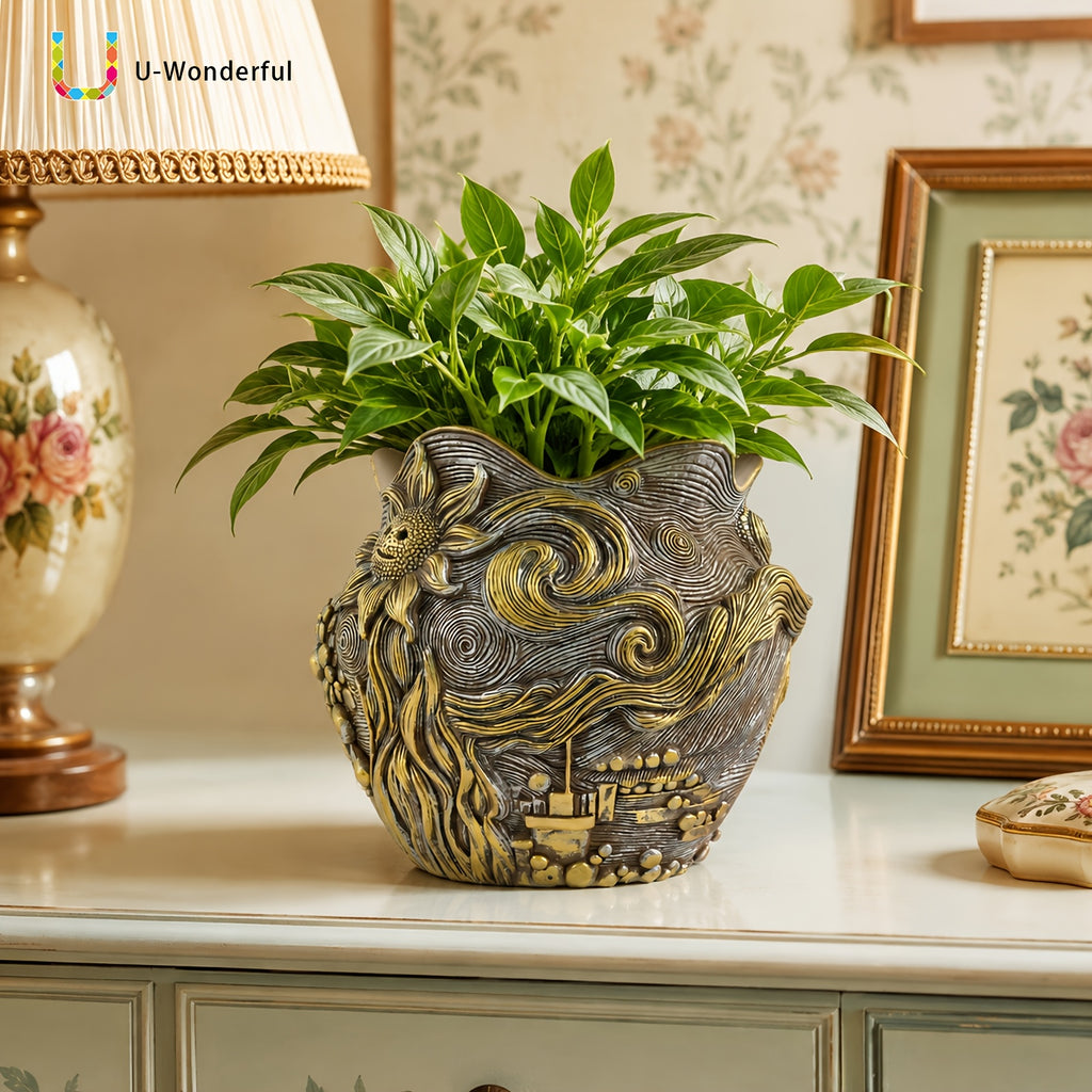 Pot de fleur doré en résine au motif ciel étoilé sculpté