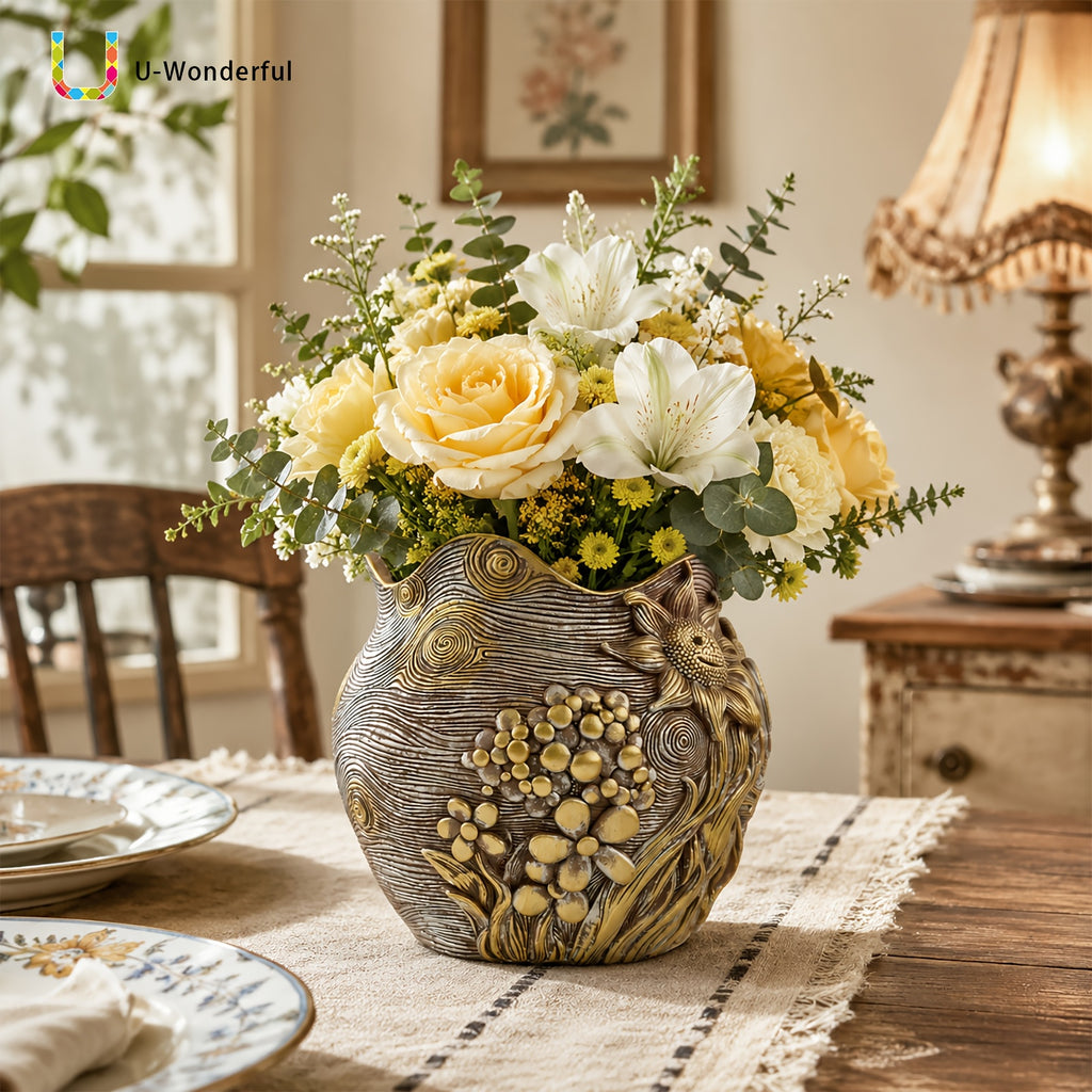 Pot de fleur doré en résine au motif ciel étoilé sculpté