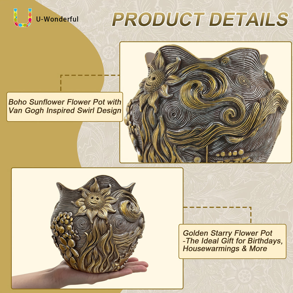 Pot de fleur doré en résine au motif ciel étoilé sculpté