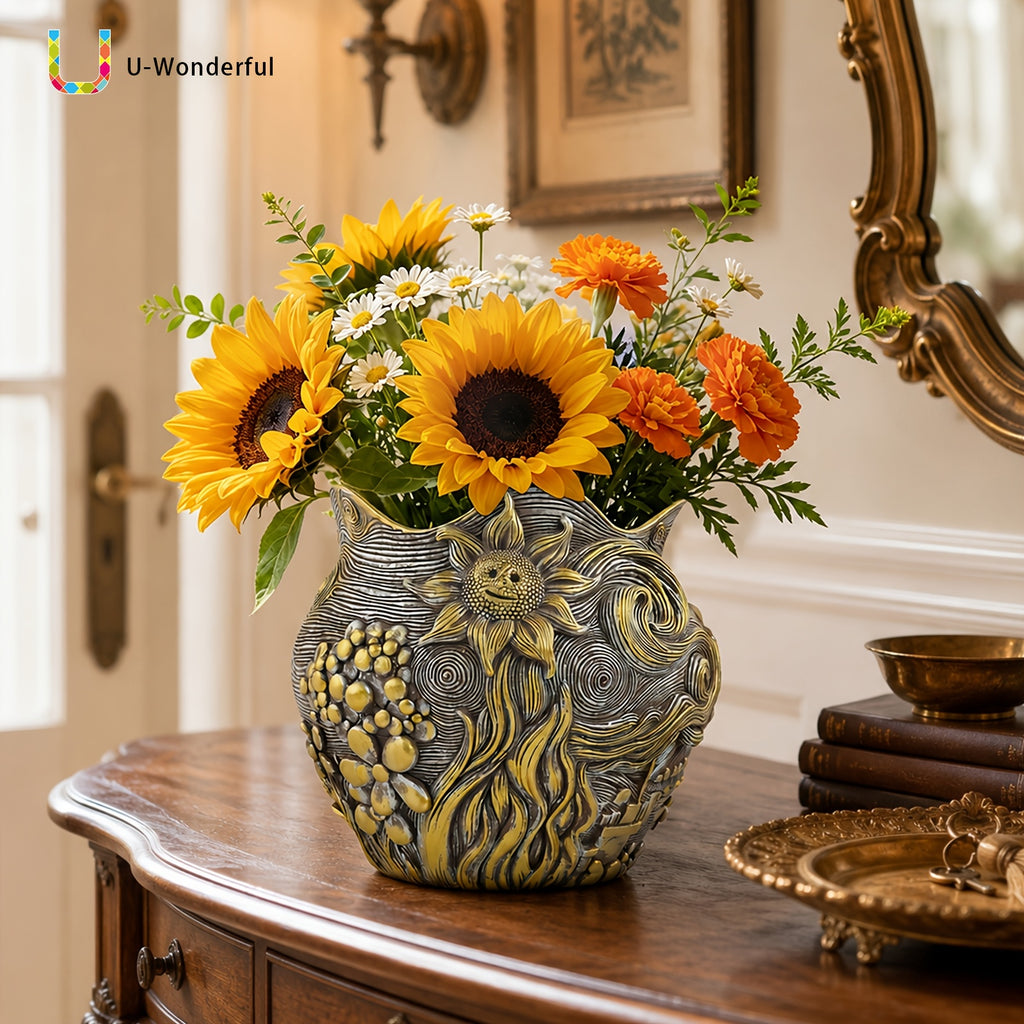 Pot de fleur doré en résine au motif ciel étoilé sculpté