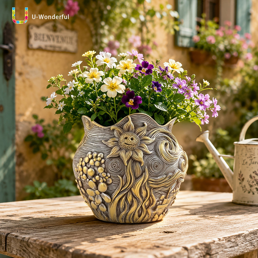 Pot de fleur doré en résine au motif ciel étoilé sculpté