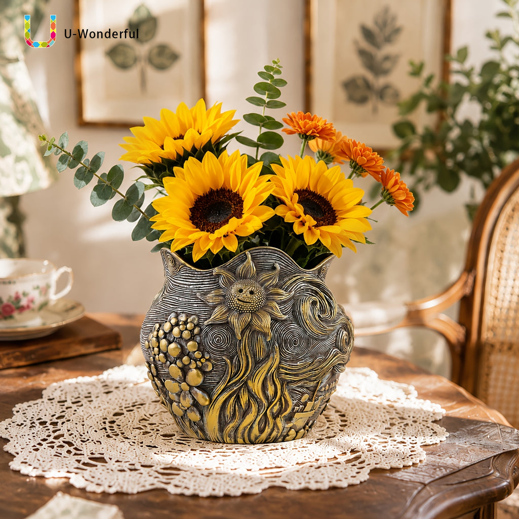 Pot de fleur doré en résine au motif ciel étoilé sculpté