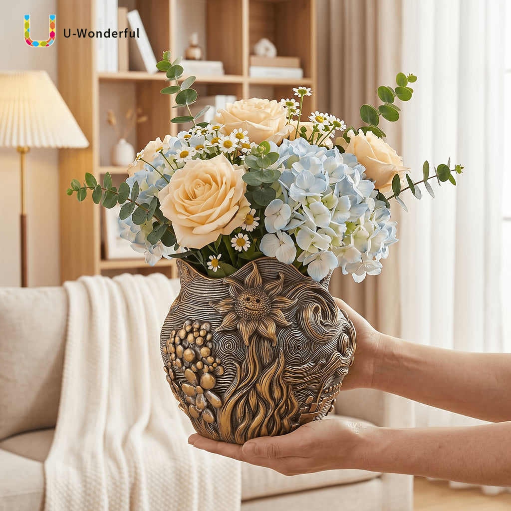 Pot de fleur doré en résine au motif ciel étoilé sculpté
