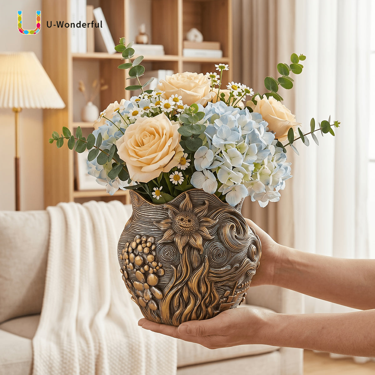 Pot de fleur doré en résine au motif ciel étoilé sculpté