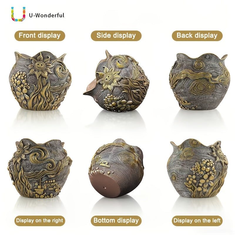 Pot de fleur doré en résine au motif ciel étoilé sculpté